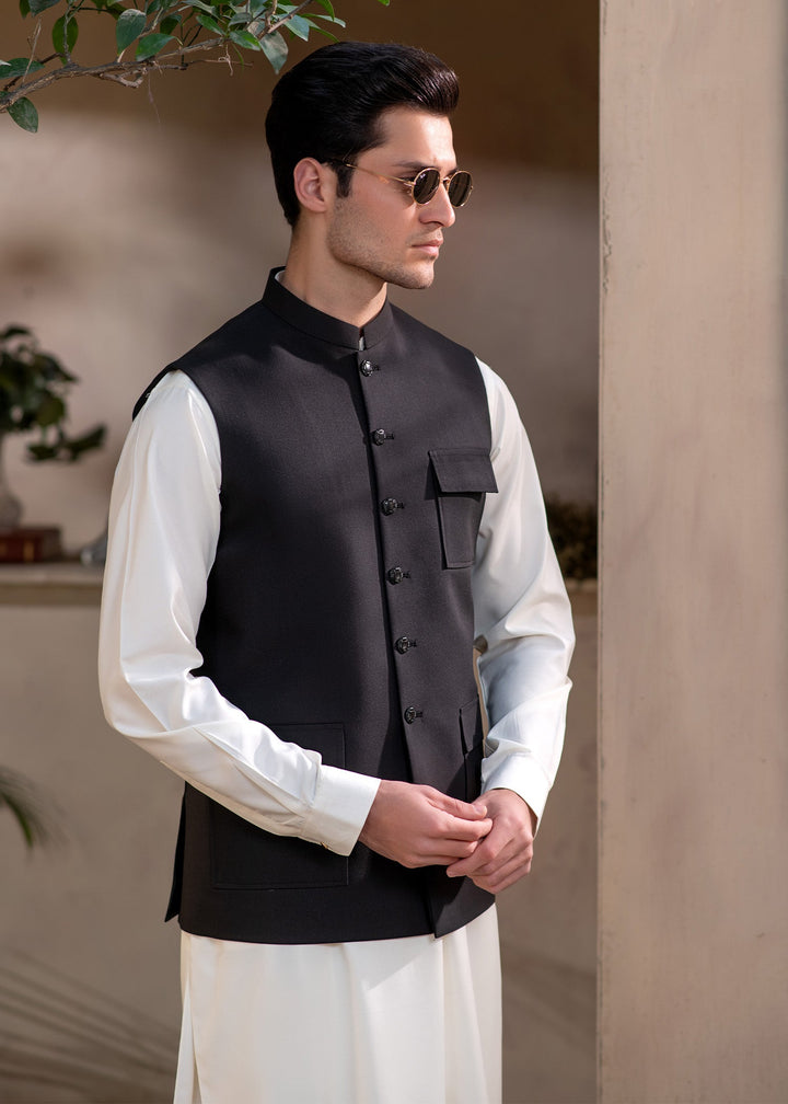 Raahi by Buraq Mens RTW Solids Suiting 1 Piece Suit Premium Black Fit Waistcoat Casual Collection