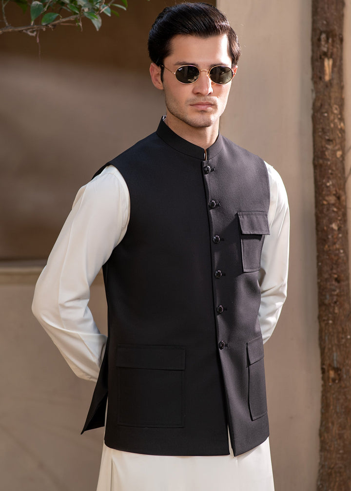 Raahi by Buraq Mens RTW Solids Suiting 1 Piece Suit Premium Black Fit Waistcoat Casual Collection