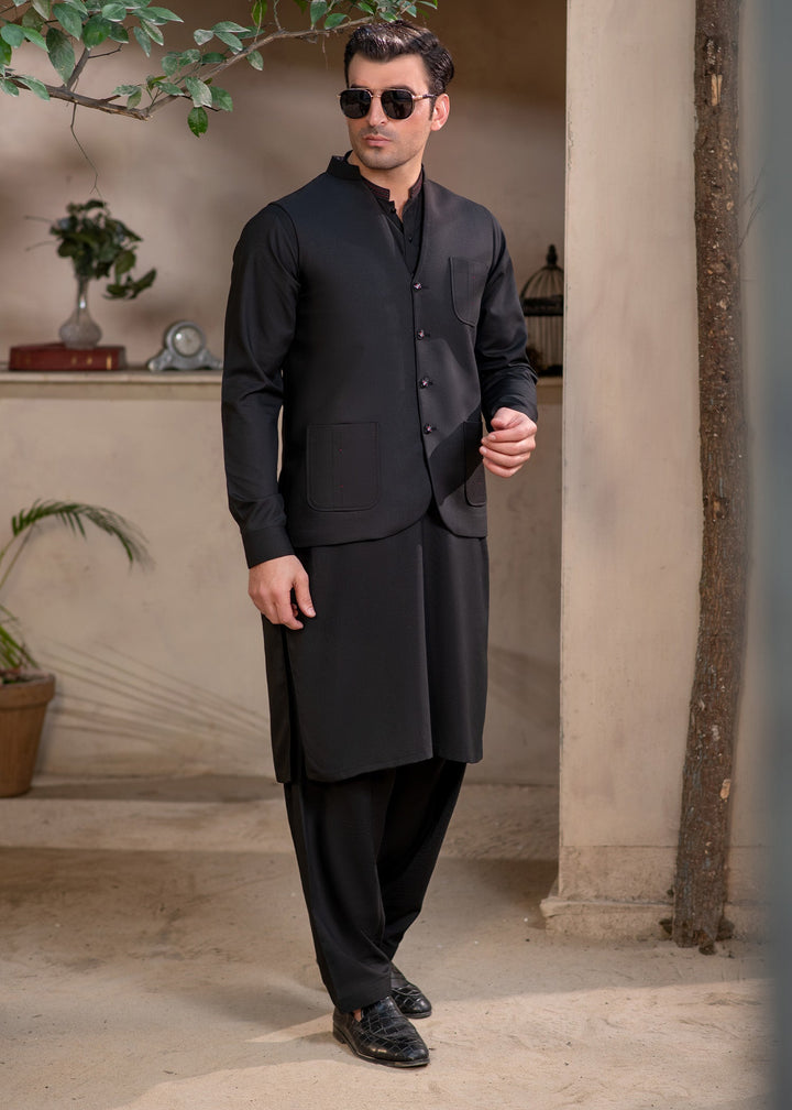 Raahi by Buraq Mens RTW Solids Suiting 1 Piece Suit Premium Black Waistcoat Casual Collection