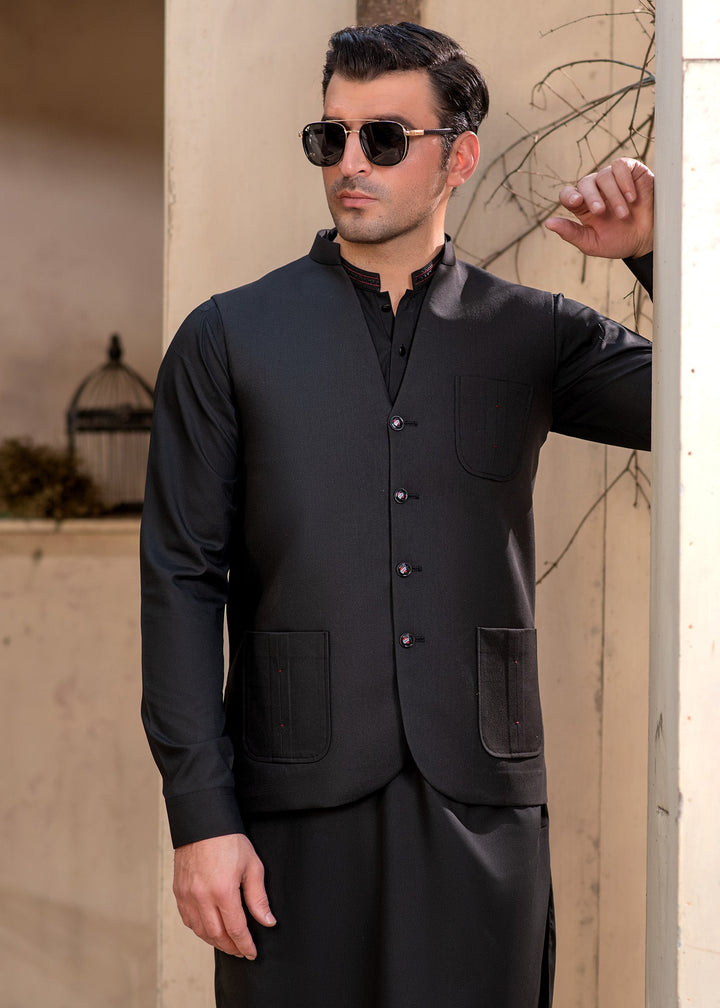 Raahi by Buraq Mens RTW Solids Suiting 1 Piece Suit Premium Black Waistcoat Casual Collection
