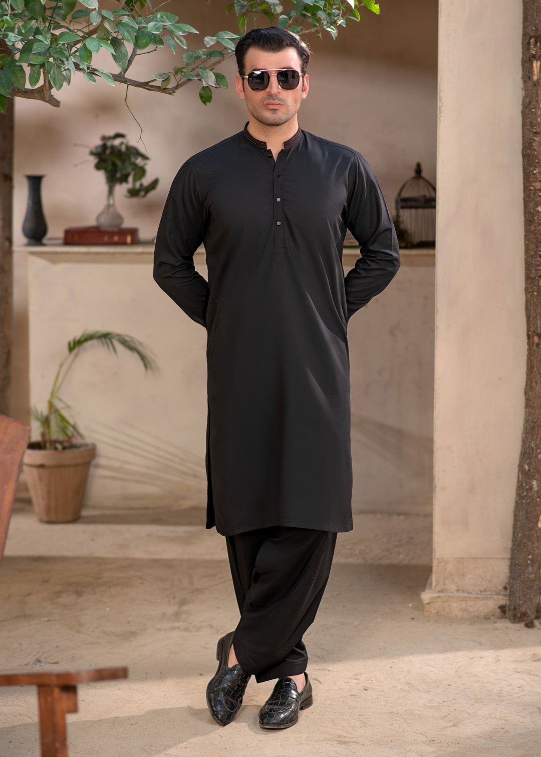 Rumi by Buraq Mens RTW Embroidered Wash N wear 2 Piece Suit Jet Black Casual Collection