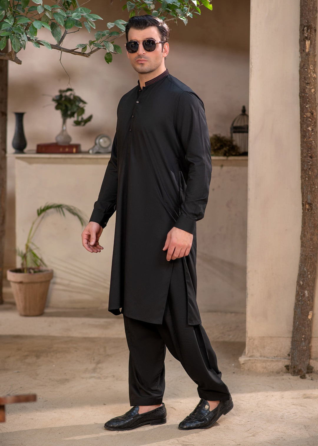 Rumi by Buraq Mens RTW Embroidered Wash N wear 2 Piece Suit Jet Black Casual Collection
