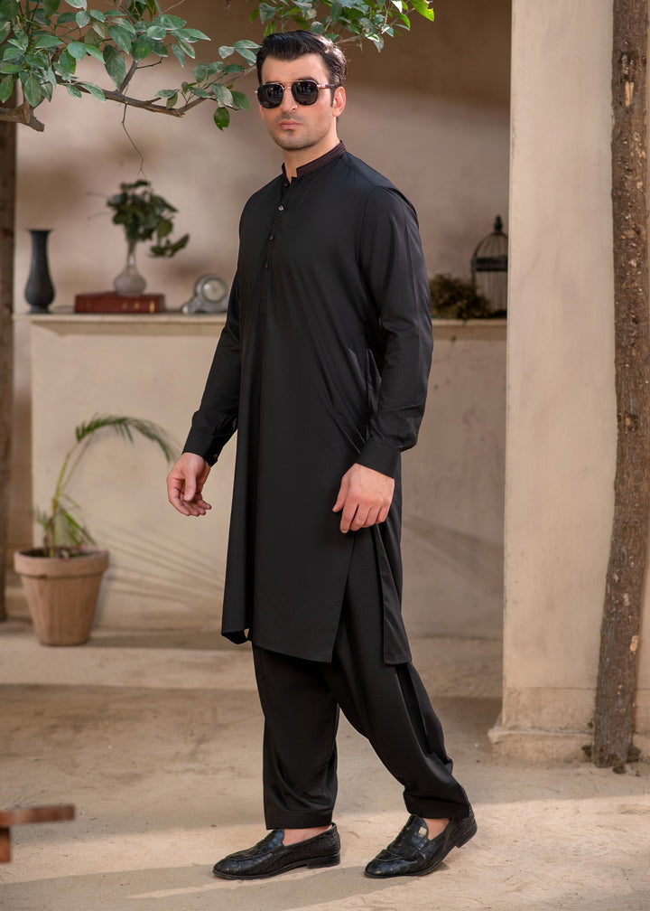 Rumi by Buraq Mens RTW Embroidered Wash N wear 2 Piece Suit Jet Black Casual Collection
