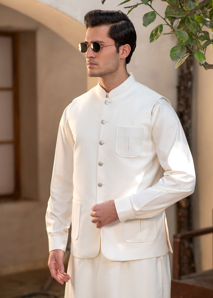 Raahi by Buraq Mens RTW Solids Suiting 1 Piece Suit Premium Classic Off-White Waistcoat Casual Collection