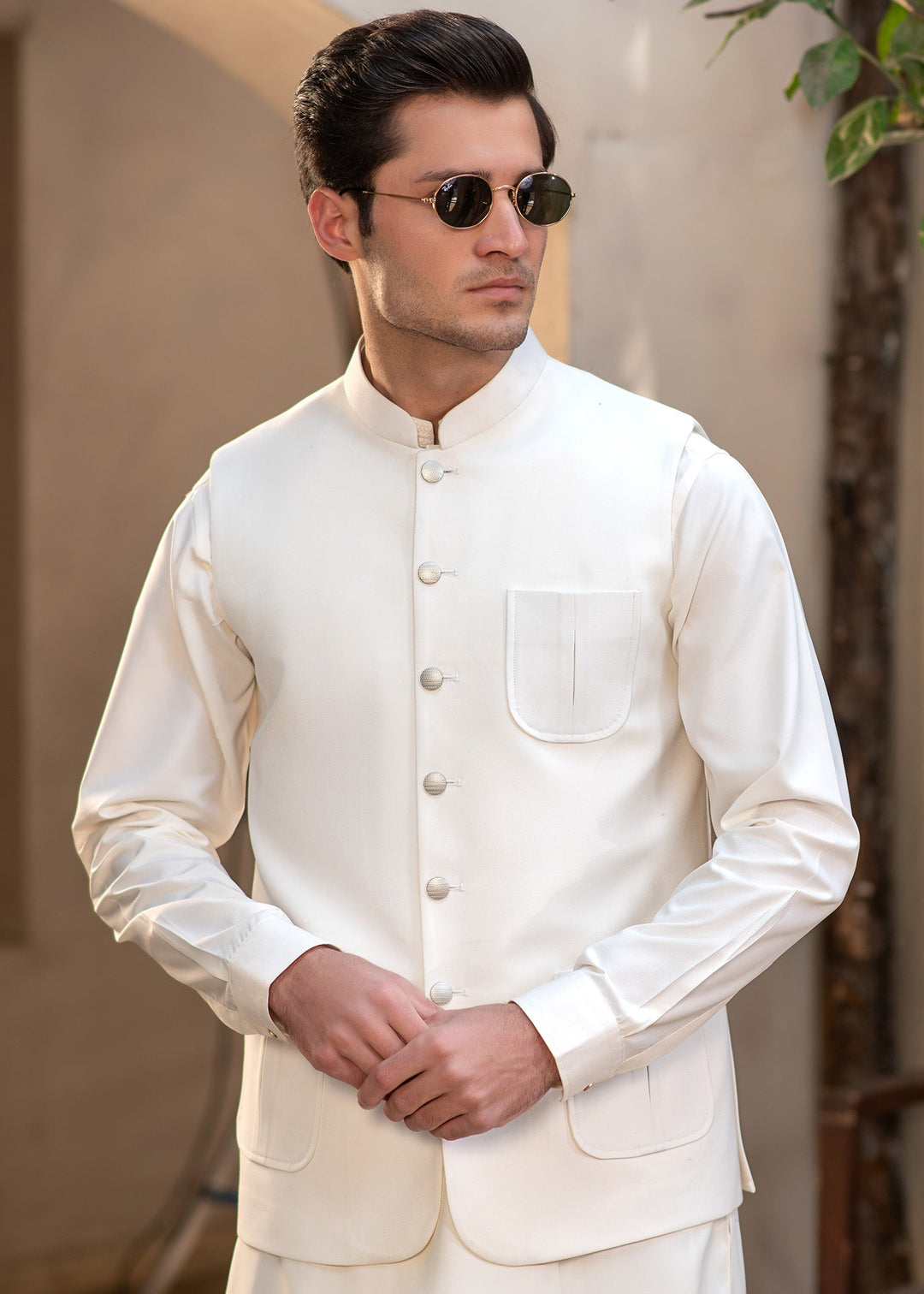 Raahi by Buraq Mens RTW Solids Suiting 1 Piece Suit Premium Classic Off-White Waistcoat Casual Collection