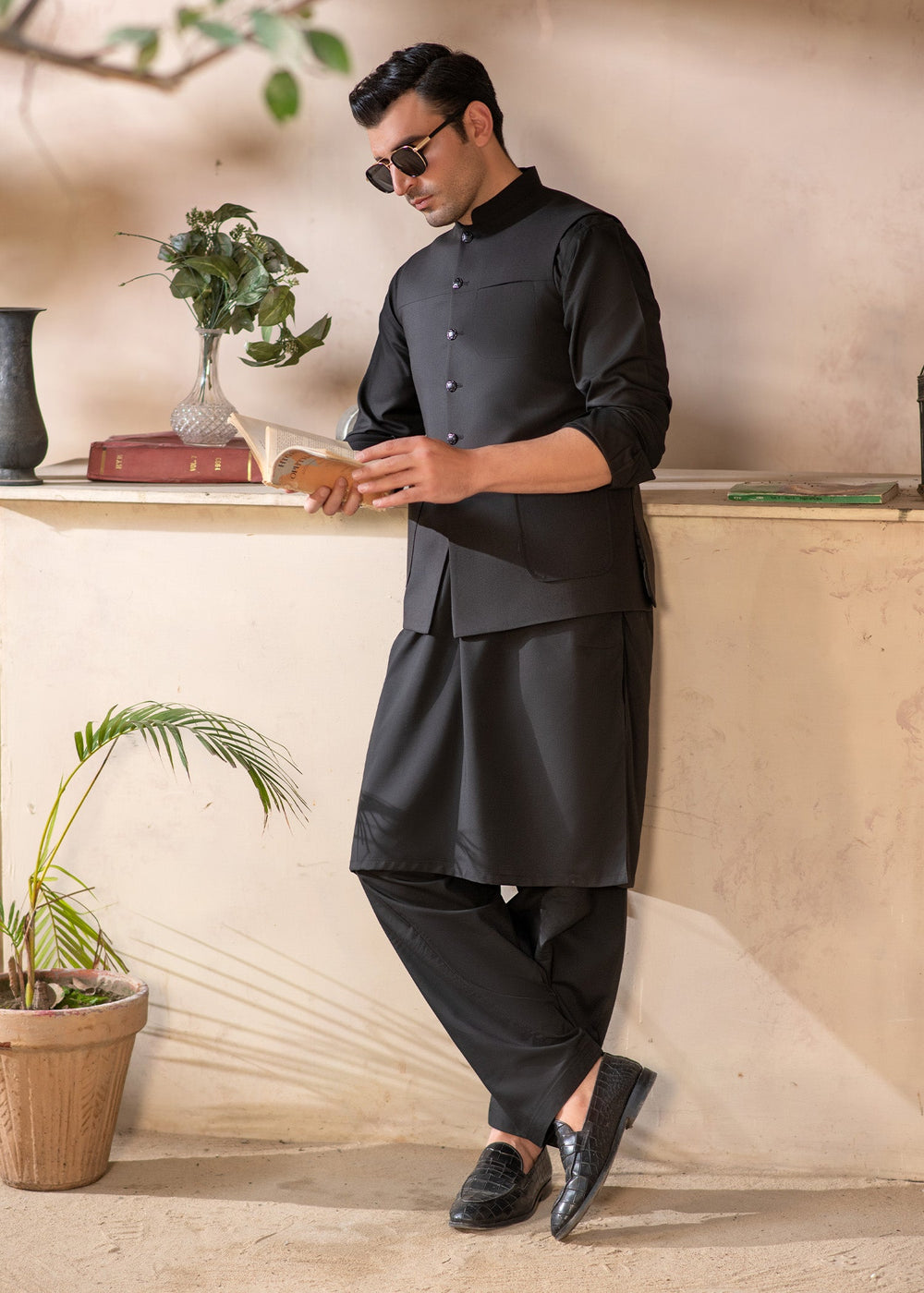 Raahi by Buraq Mens RTW Solids Suiting 1 Piece Suit Premium Black Classic Waistcoat Casual Collection