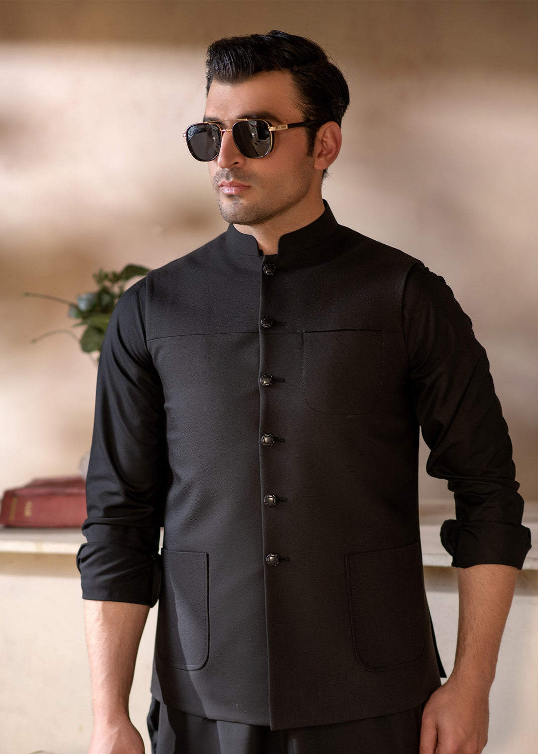 Raahi by Buraq Mens RTW Solids Suiting 1 Piece Suit Premium Black Classic Waistcoat Casual Collection