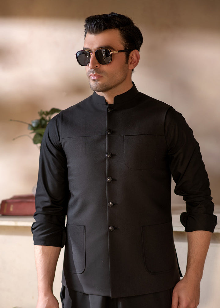 Raahi by Buraq Mens RTW Solids Suiting 1 Piece Suit Premium Black Classic Waistcoat Casual Collection