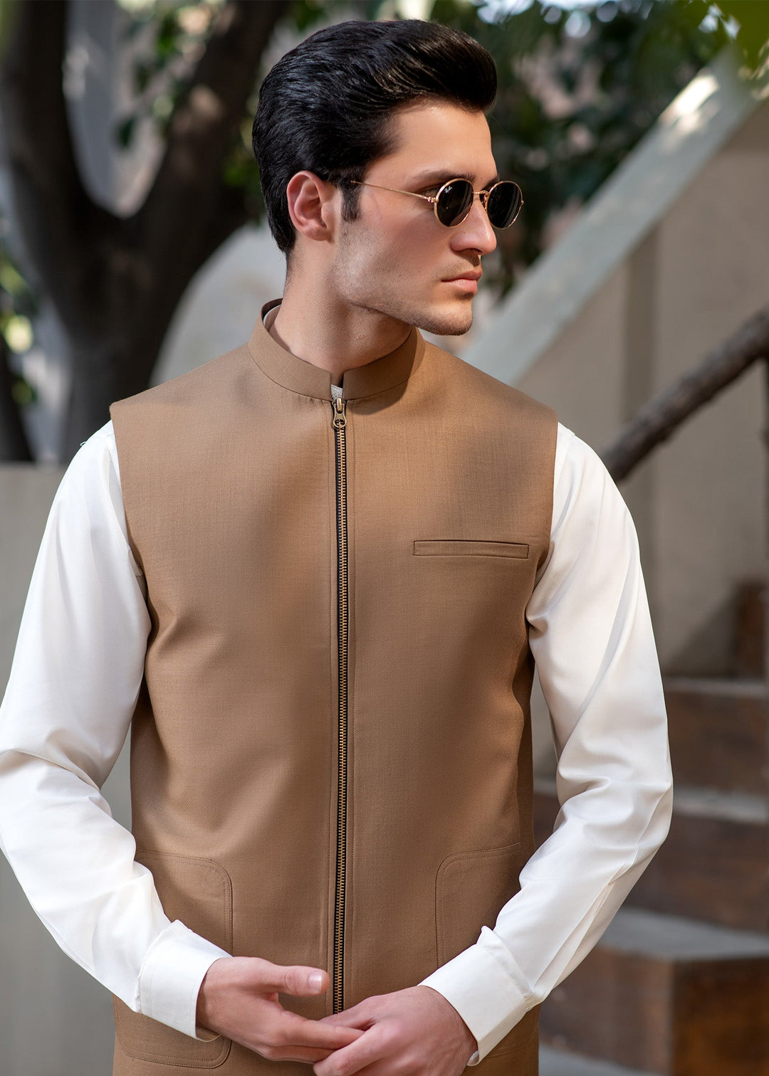 Raahi by Buraq Mens RTW Solids Suiting 1 Piece Suit Camel Brown Waistcoat Casual Collection
