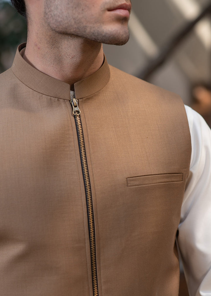 Raahi by Buraq Mens RTW Solids Suiting 1 Piece Suit Camel Brown Waistcoat Casual Collection