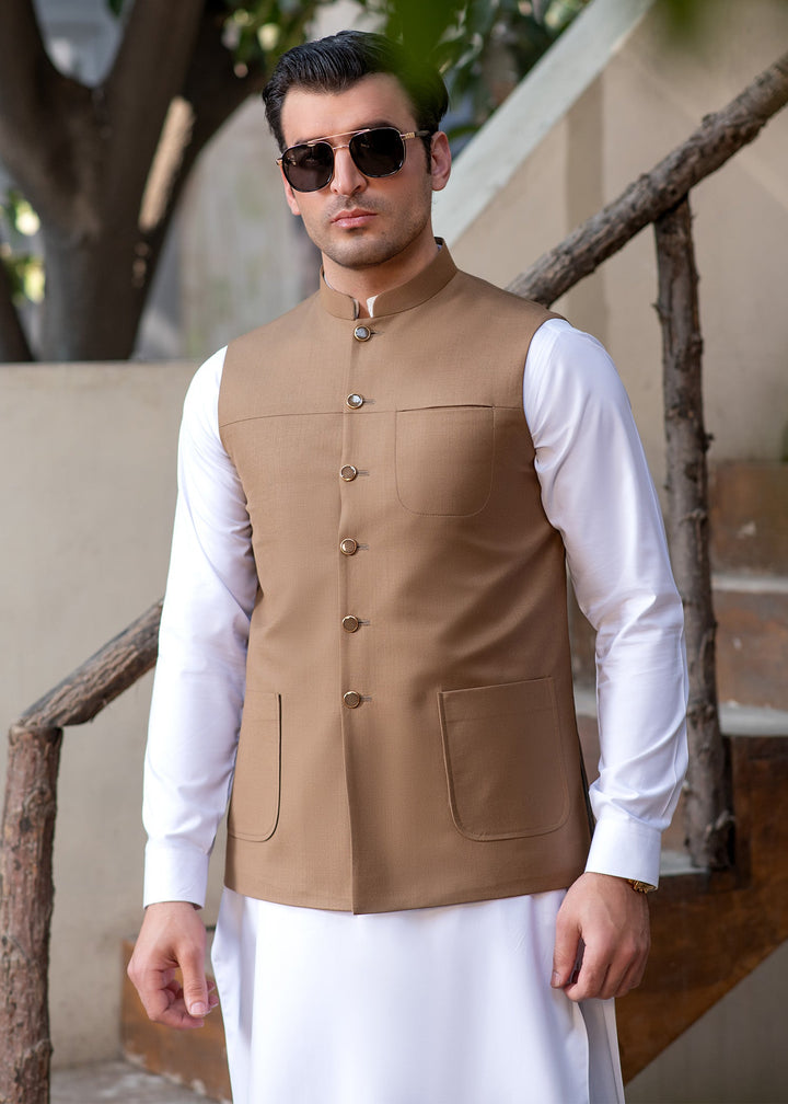 Raahi by Buraq Mens RTW Solids Suiting 1 Piece Suit Premium Light Brown Waistcoat Casual Collection