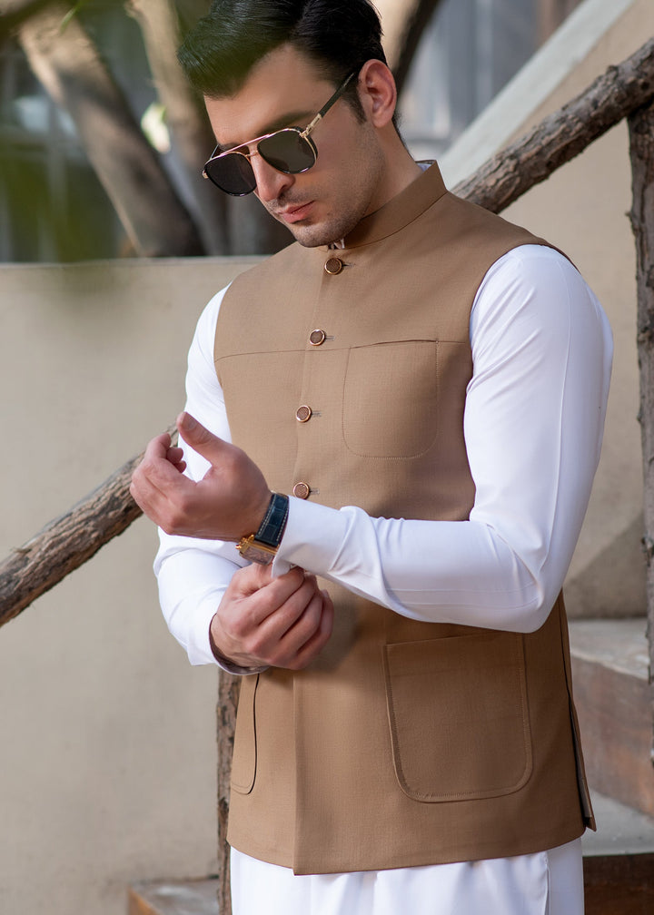 Raahi by Buraq Mens RTW Solids Suiting 1 Piece Suit Premium Light Brown Waistcoat Casual Collection