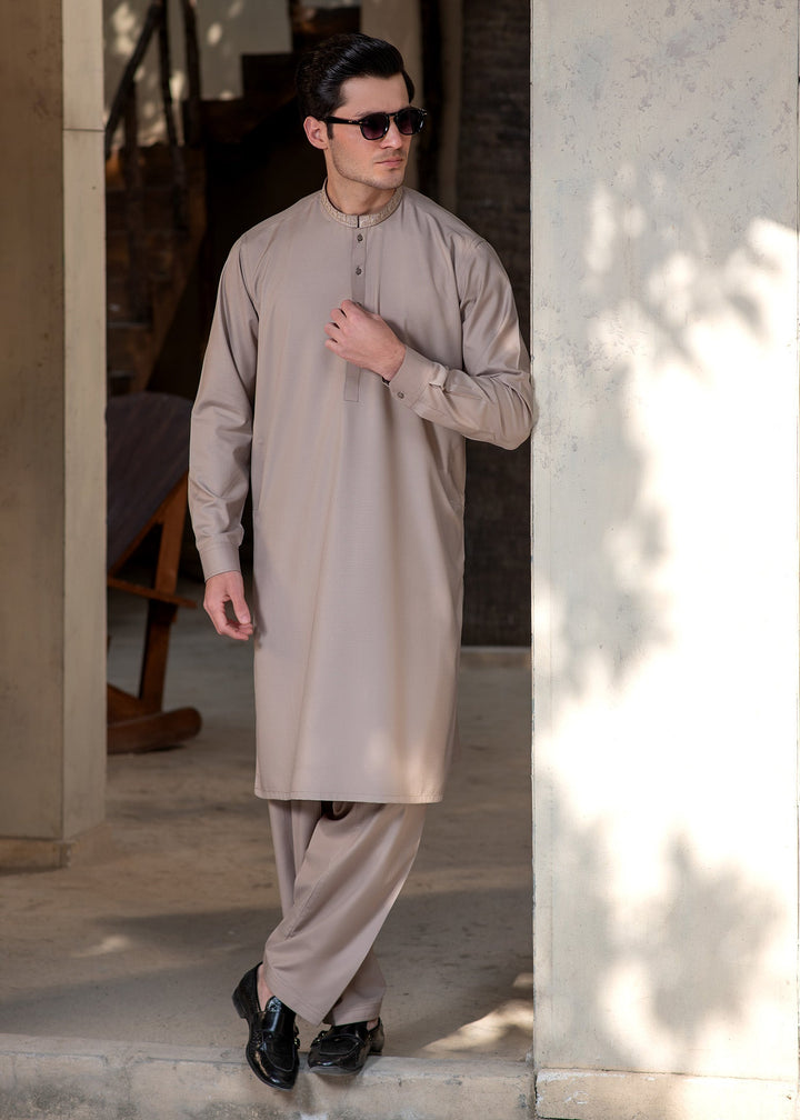Rumi by Buraq Mens RTW Embroidered Wash N Wear 2 Piece Suit Light Brown Casual Collection