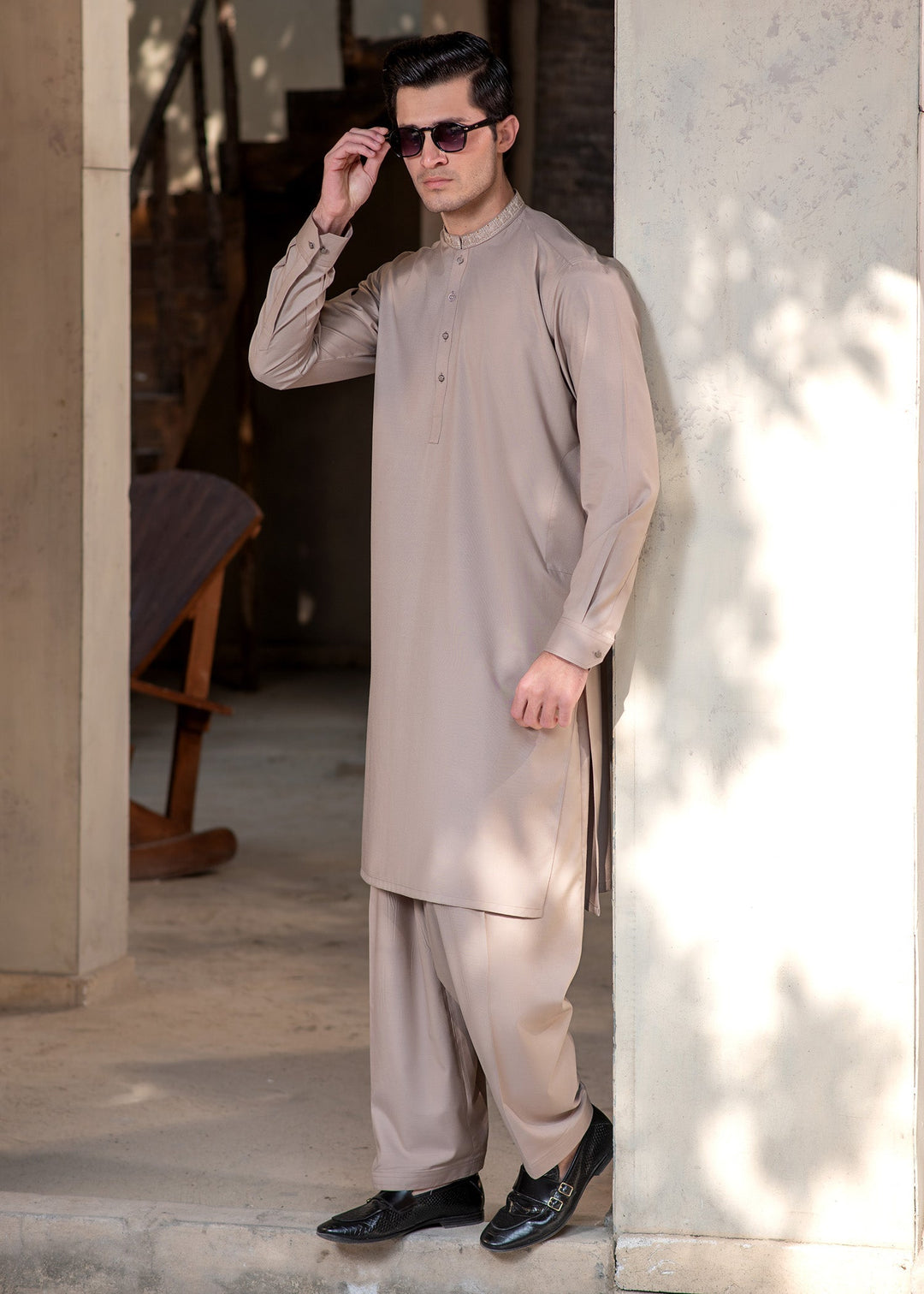 Rumi by Buraq Mens RTW Embroidered Wash N Wear 2 Piece Suit Light Brown Casual Collection