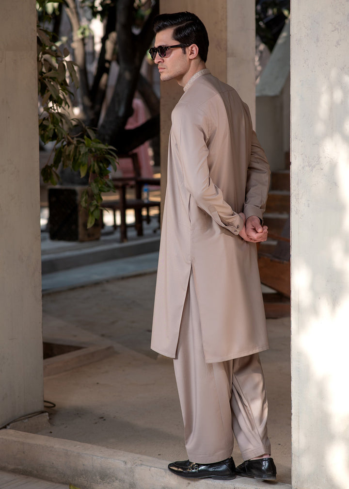Rumi by Buraq Mens RTW Embroidered Wash N Wear 2 Piece Suit Light Brown Casual Collection