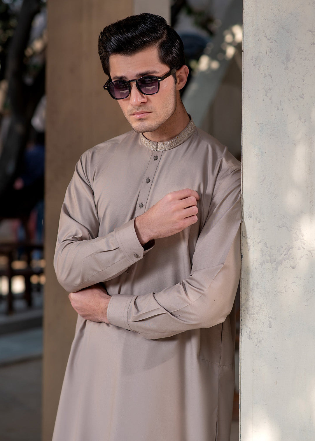 Rumi by Buraq Mens RTW Embroidered Wash N Wear 2 Piece Suit Light Brown Casual Collection