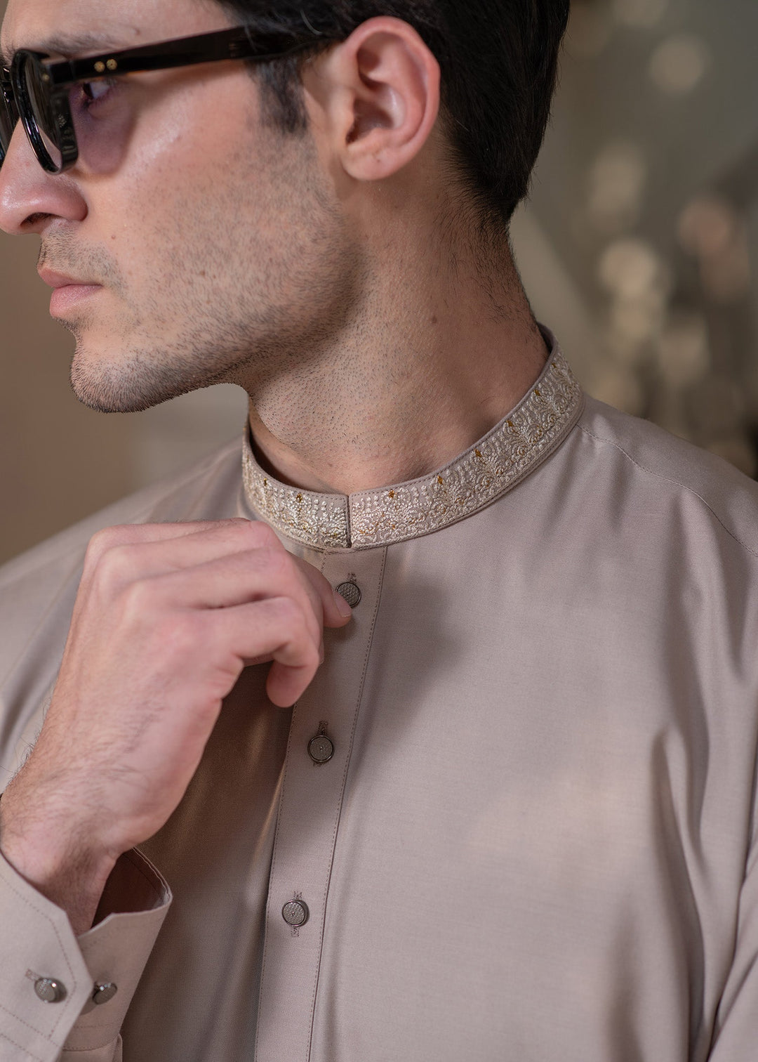Rumi by Buraq Mens RTW Embroidered Wash N Wear 2 Piece Suit Light Brown Casual Collection