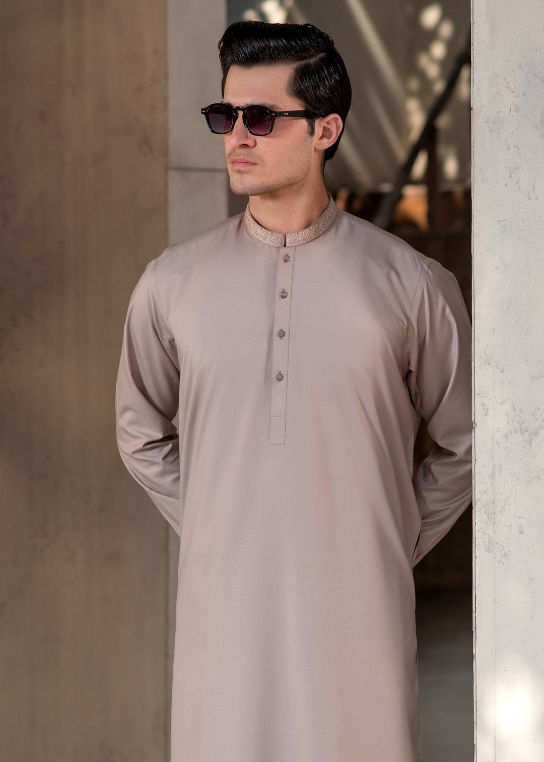 Rumi by Buraq Mens RTW Embroidered Wash N Wear 2 Piece Suit Light Brown Casual Collection