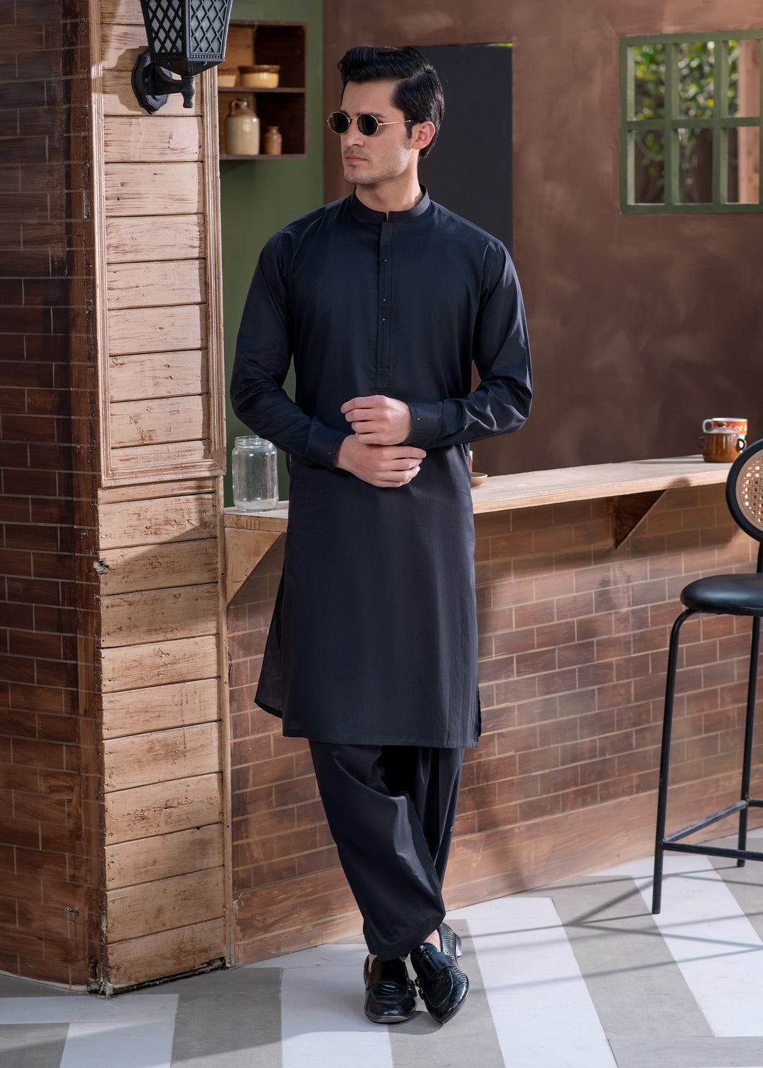 Aks e Shaam by Buraq Mens RTW Solids Cotton 2 Piece Suit Premium Graphite Black Casual Collection