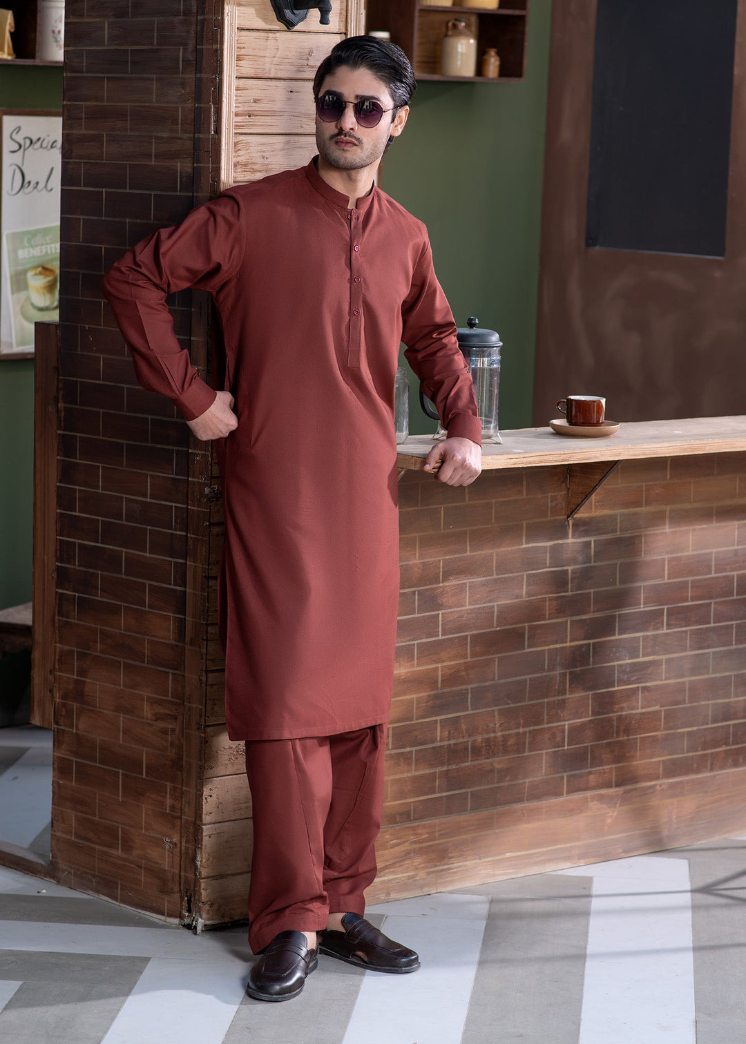Shahkaar by Buraq Mens RTW Solids Wash N Wear 2 Piece Suit Maroon Ban Casual Collection