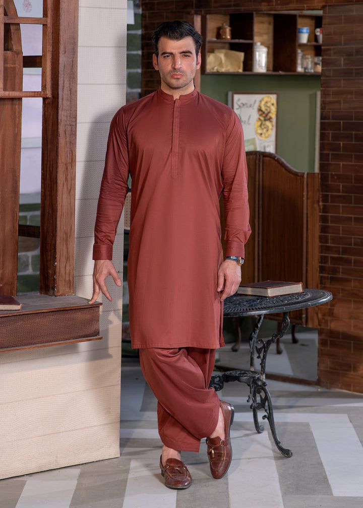 Aks e Shaam by Buraq Mens RTW Solids Cotton 2 Piece Suit Rust Casual Collection