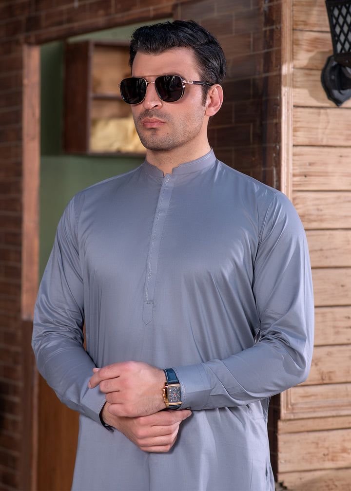 Aks e Shaam by Buraq Mens RTW Solids Cotton 2 Piece Suit Grey Mandarin Casual Collection