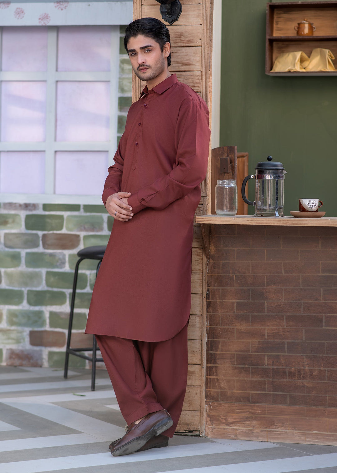 Shahkaar by Buraq Mens RTW Solids Wash N Wear 2 Piece Suit Maroon Collar Casual Collection
