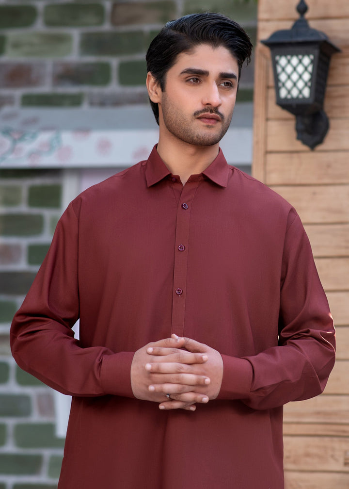 Shahkaar by Buraq Mens RTW Solids Wash N Wear 2 Piece Suit Maroon Collar Casual Collection