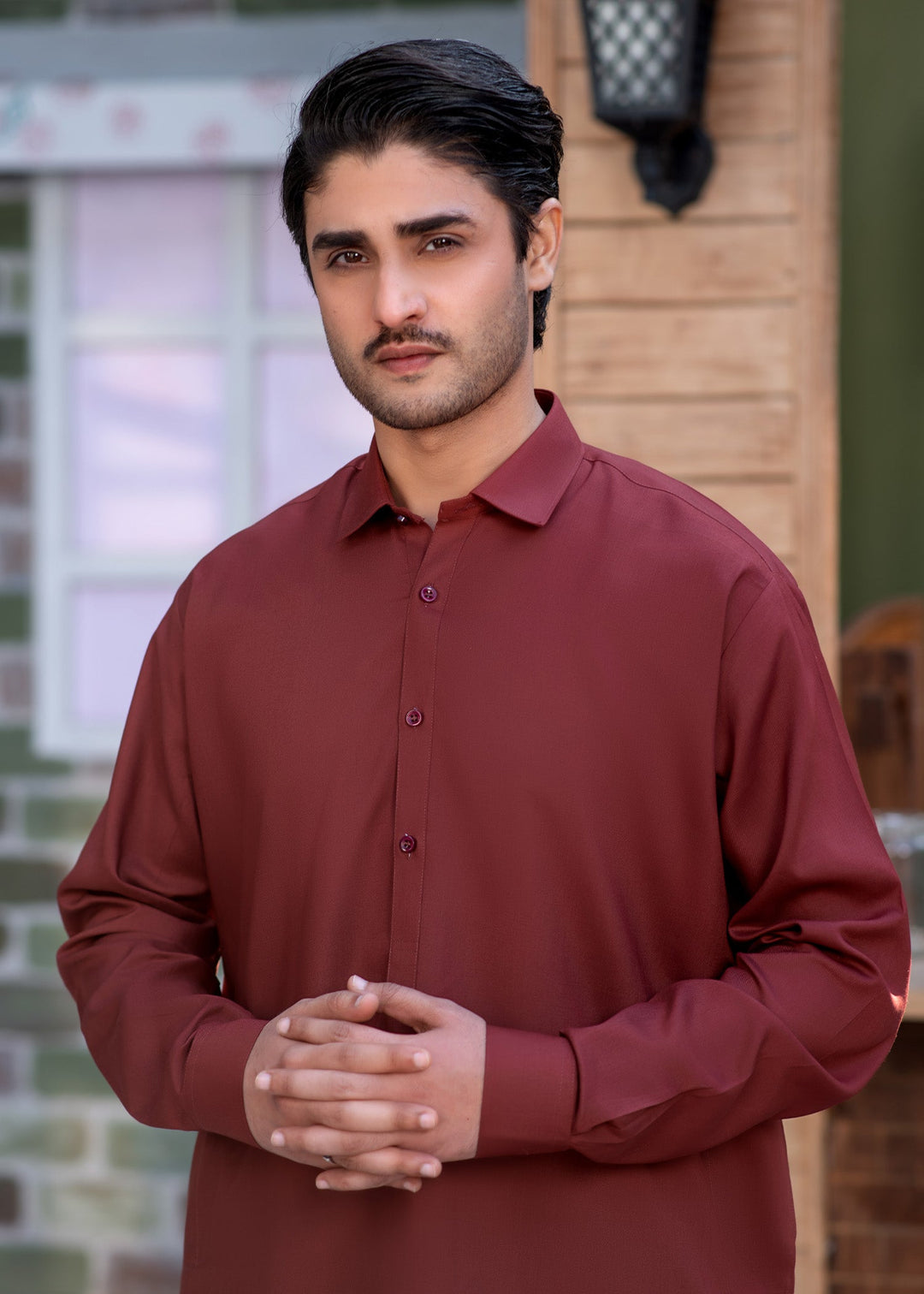 Shahkaar by Buraq Mens RTW Solids Wash N Wear 2 Piece Suit Maroon Collar Casual Collection