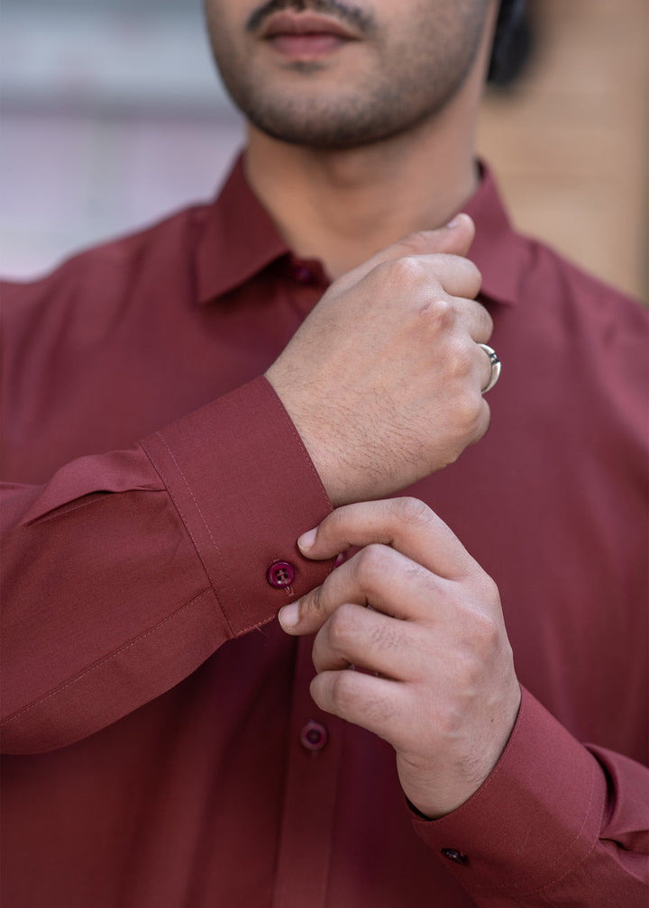 Shahkaar by Buraq Mens RTW Solids Wash N Wear 2 Piece Suit Maroon Collar Casual Collection