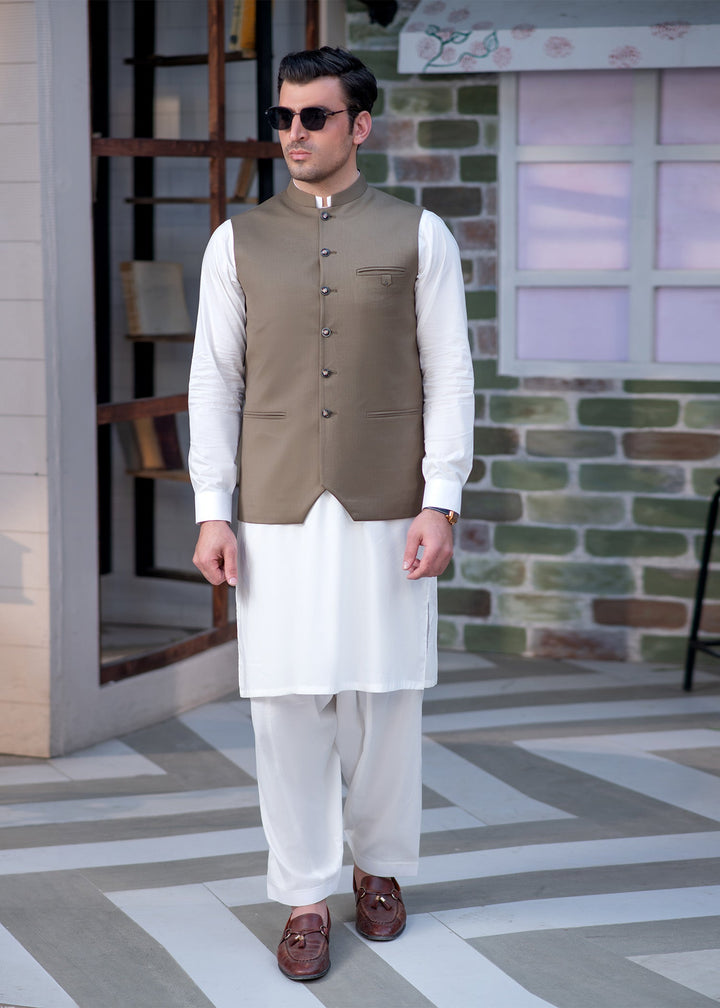 Raahi by Buraq Mens RTW Solids Suiting 1 Piece Suit Premium Olive Green Waistcoat Casual Collection