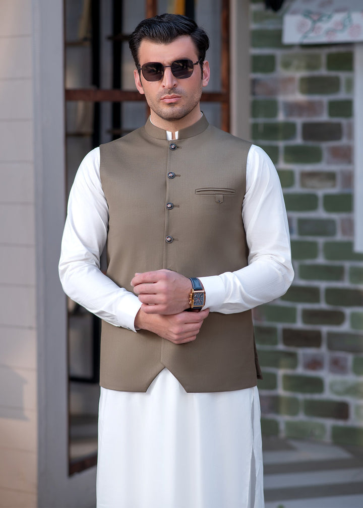Raahi by Buraq Mens RTW Solids Suiting 1 Piece Suit Premium Olive Green Waistcoat Casual Collection