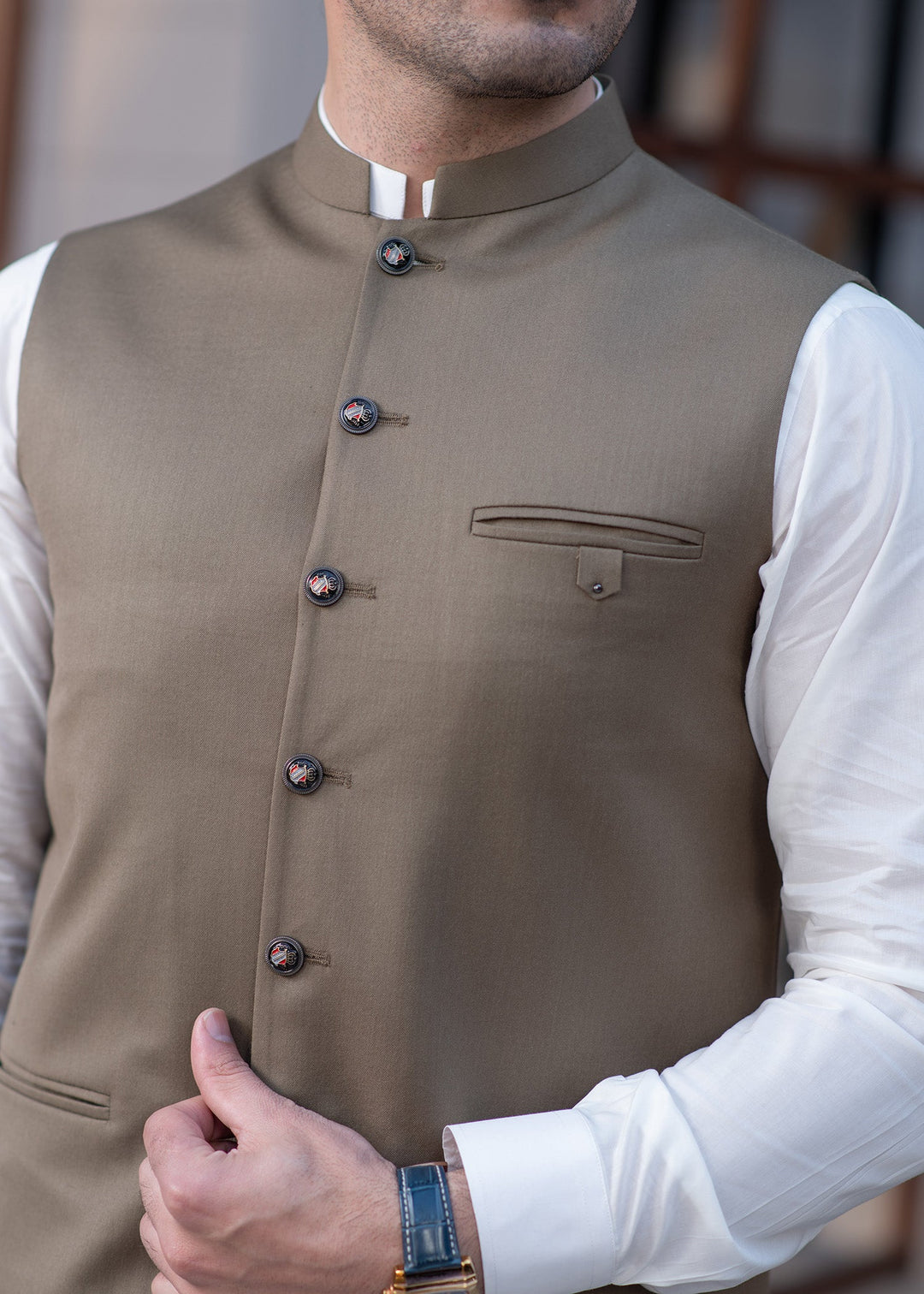 Raahi by Buraq Mens RTW Solids Suiting 1 Piece Suit Premium Olive Green Waistcoat Casual Collection