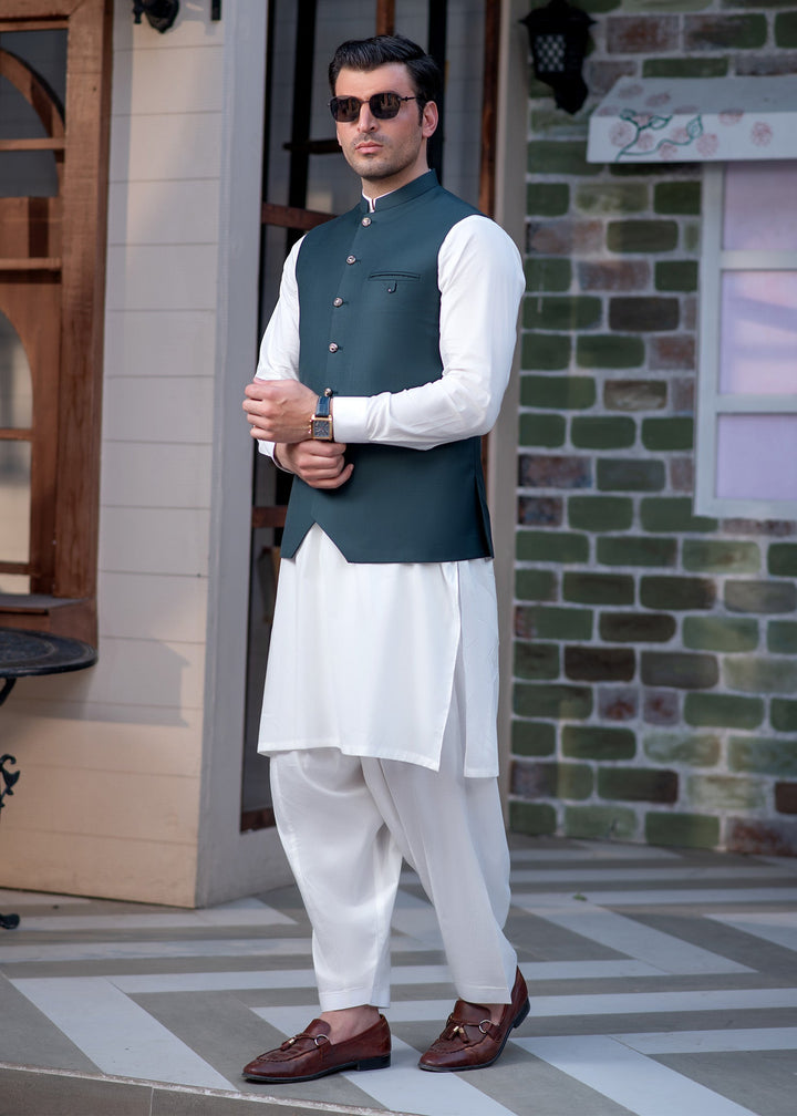 Raahi by Buraq Mens RTW Solids Suiting 1 Piece Suit Premium Teal Green Waistcoat Casual Collection