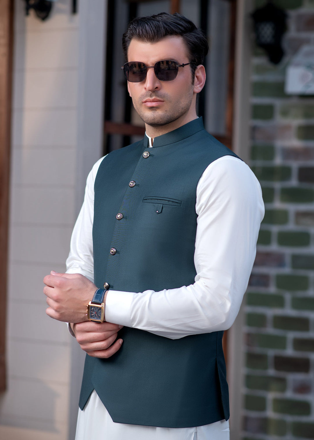 Raahi by Buraq Mens RTW Solids Suiting 1 Piece Suit Premium Teal Green Waistcoat Casual Collection