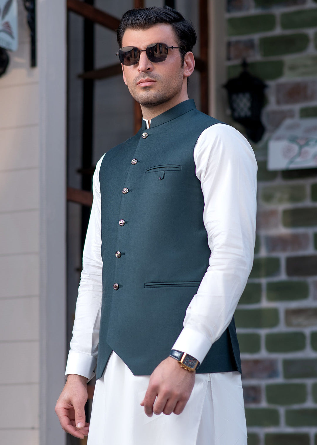 Raahi by Buraq Mens RTW Solids Suiting 1 Piece Suit Premium Teal Green Waistcoat Casual Collection