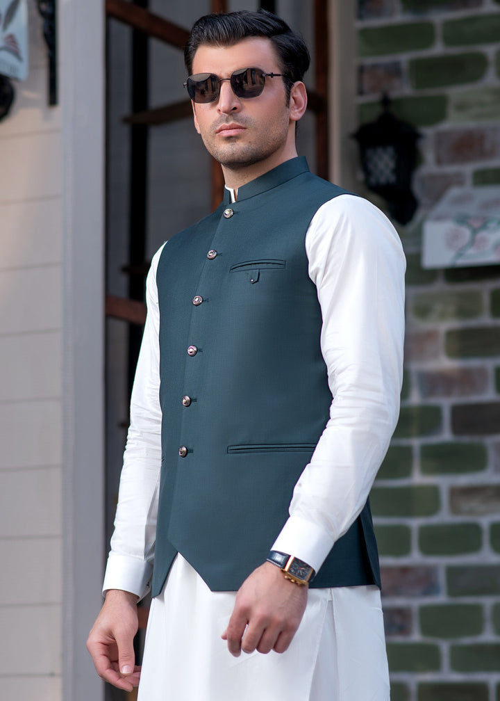 Raahi by Buraq Mens RTW Solids Suiting 1 Piece Suit Premium Teal Green Waistcoat Casual Collection