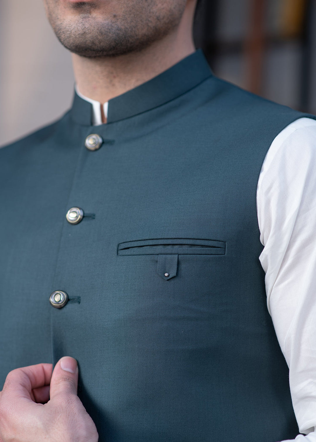 Raahi by Buraq Mens RTW Solids Suiting 1 Piece Suit Premium Teal Green Waistcoat Casual Collection
