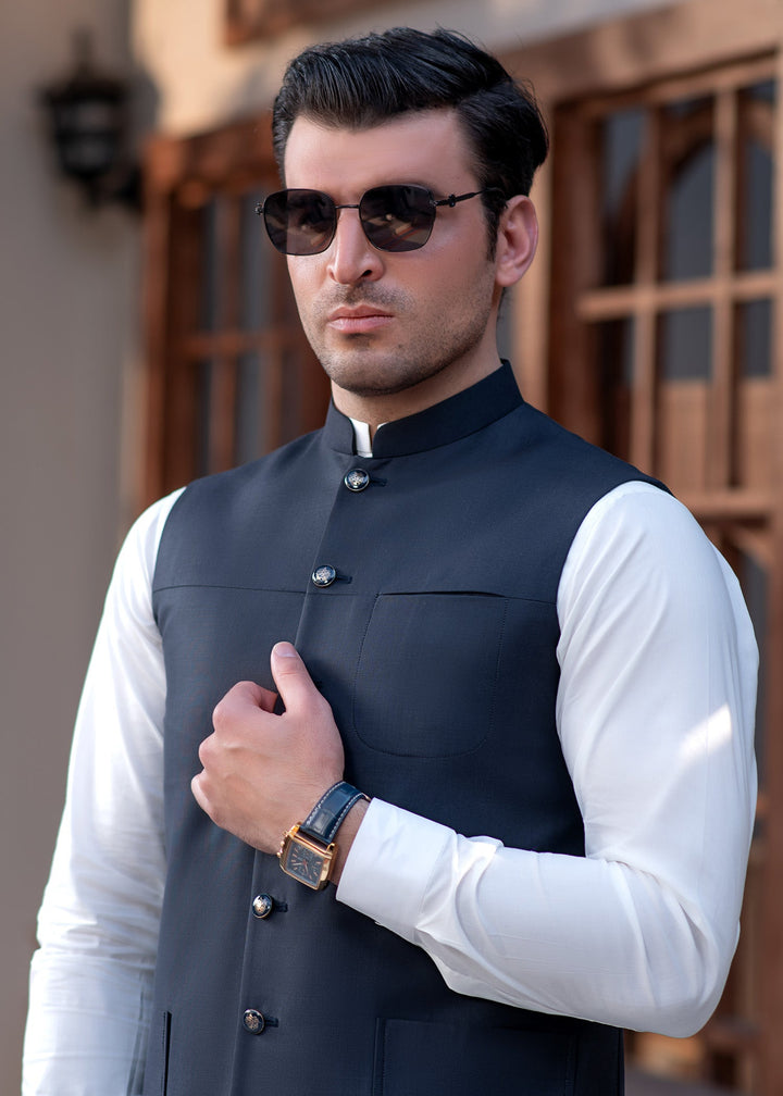 Raahi by Buraq Mens RTW Solids Suiting 1 Piece Suit Premium Navy Blue Waistcoat Casual Collection