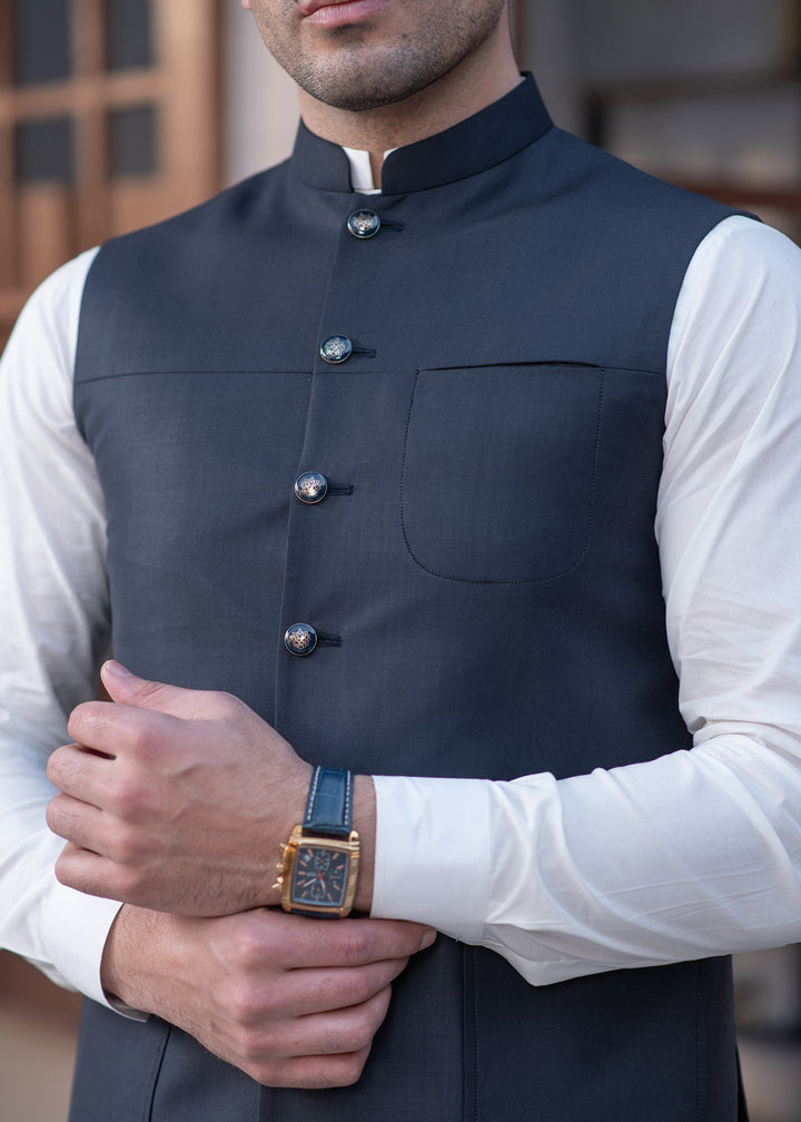 Raahi by Buraq Mens RTW Solids Suiting 1 Piece Suit Premium Navy Blue Waistcoat Casual Collection