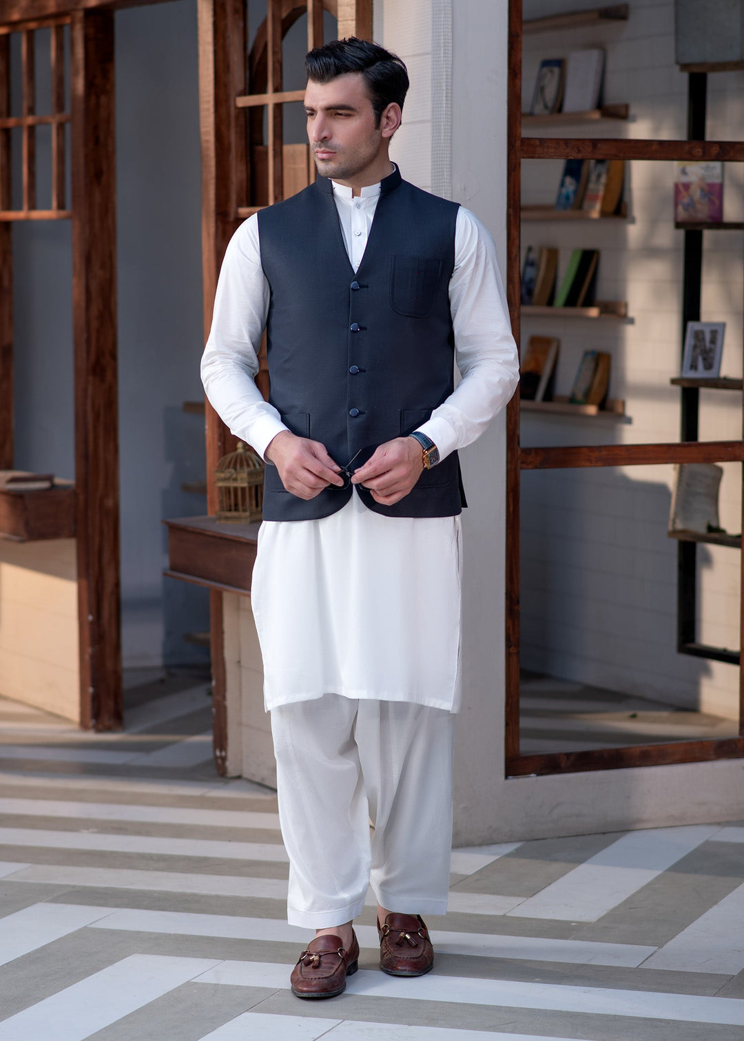 Raahi by Buraq Mens RTW Solids Suiting 1 Piece Suit Premium Navy Waistcoat Casual Collection