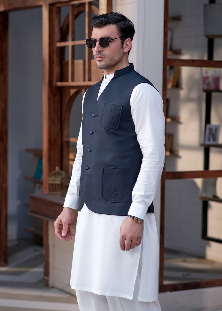 Raahi by Buraq Mens RTW Solids Suiting 1 Piece Suit Premium Navy Waistcoat Casual Collection