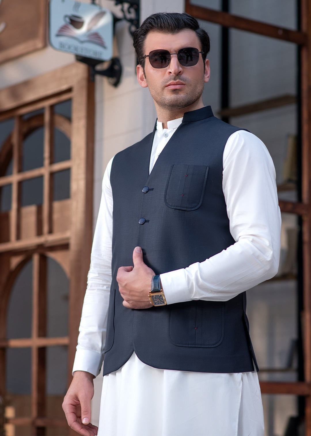 Raahi by Buraq Mens RTW Solids Suiting 1 Piece Suit Premium Navy Waistcoat Casual Collection