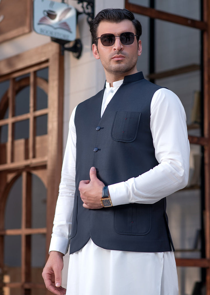 Raahi by Buraq Mens RTW Solids Suiting 1 Piece Suit Premium Navy Waistcoat Casual Collection