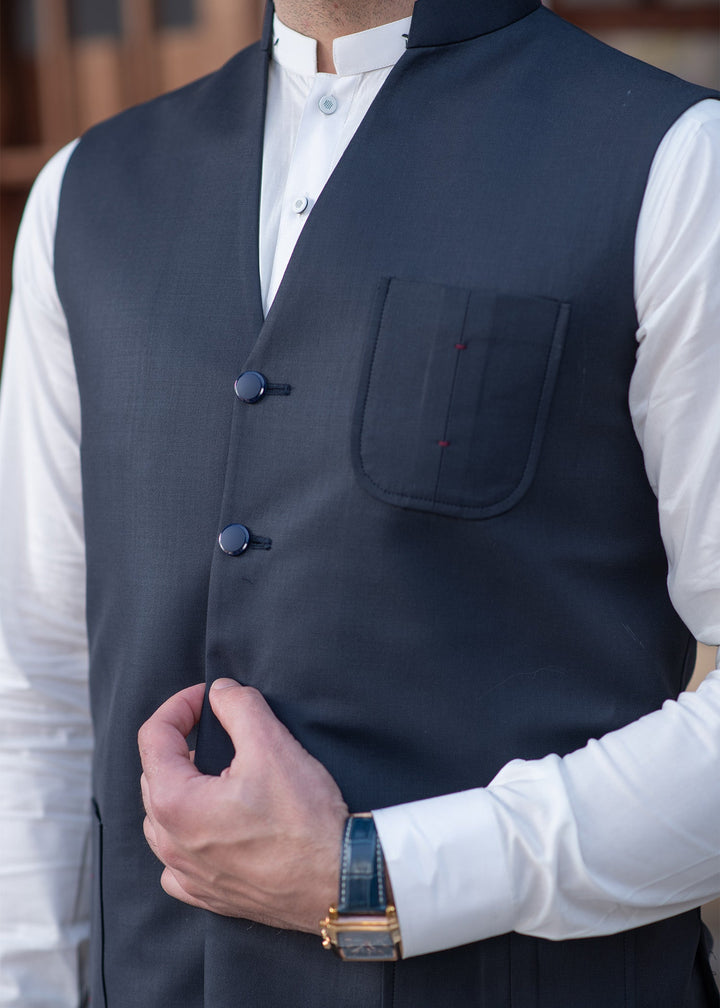 Raahi by Buraq Mens RTW Solids Suiting 1 Piece Suit Premium Navy Waistcoat Casual Collection