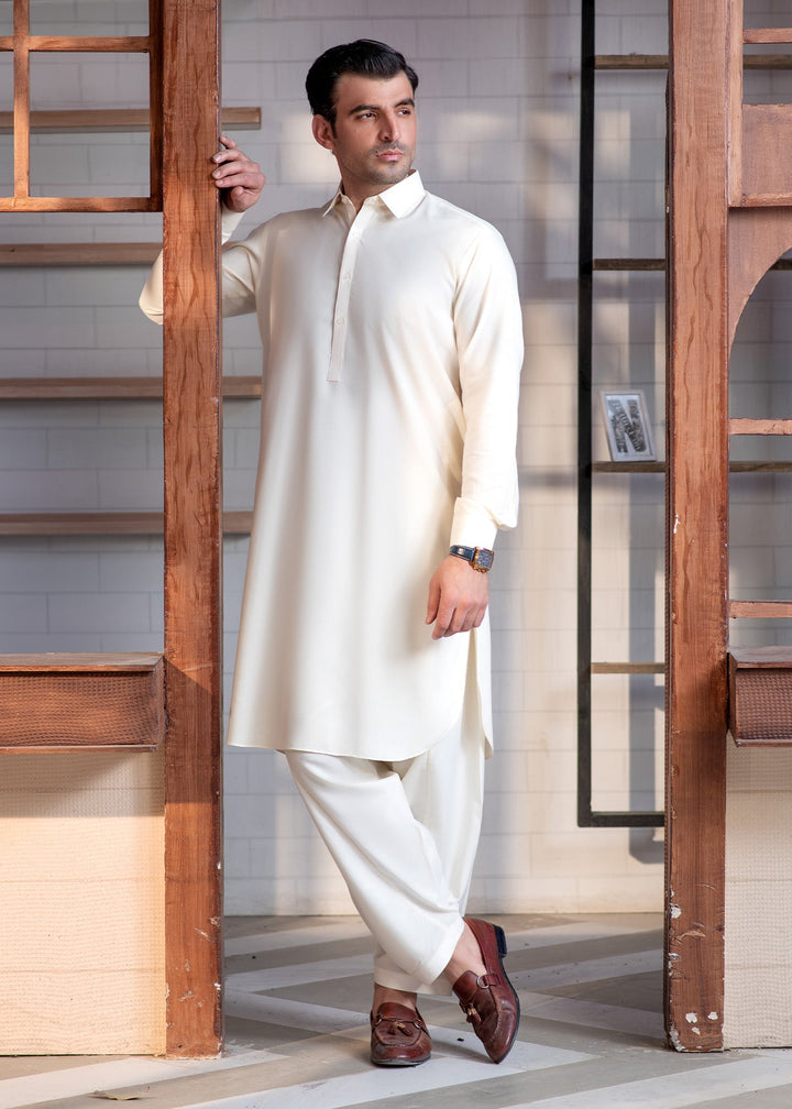 Shahkaar by Buraq Mens RTW Solids Wash N Wear 2 Piece Suit Cream Collar Booski Casual Collection