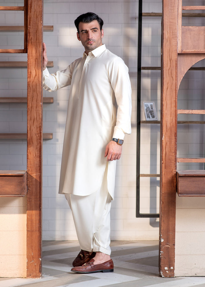 Shahkaar by Buraq Mens RTW Solids Wash N Wear 2 Piece Suit Cream Collar Booski Casual Collection