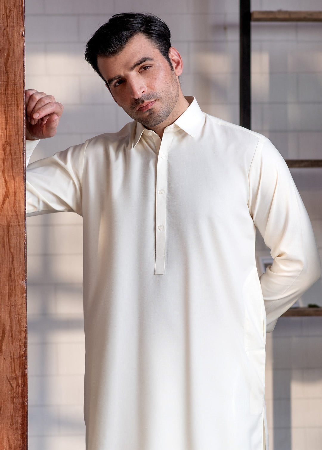 Shahkaar by Buraq Mens RTW Solids Wash N Wear 2 Piece Suit Cream Collar Booski Casual Collection