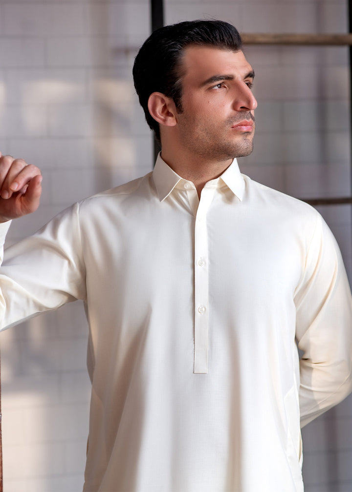 Shahkaar by Buraq Mens RTW Solids Wash N Wear 2 Piece Suit Cream Collar Booski Casual Collection