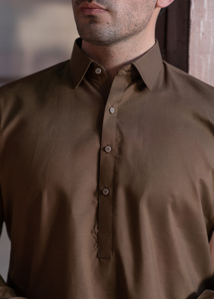 Shahkaar by Buraq Mens RTW Solids Wash N Wear 2 Piece Suit Camel Brown Collar Casual Collection
